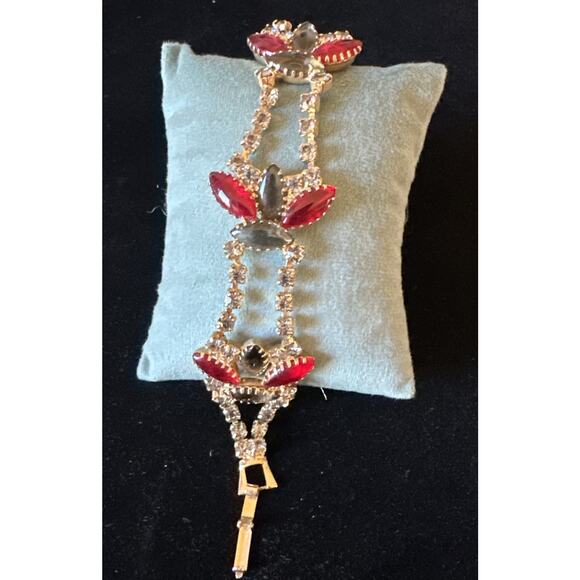 Vintage Red Jewelry - VTG Rhinestone Bracelet Red Clear Gray Stones Silver Tone 7” Timeless EUC
